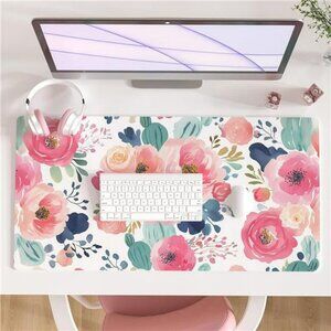 Large Pink Floral Desk Mat Mouse Pad Waterproof PU Leather Computer Desk Cover
